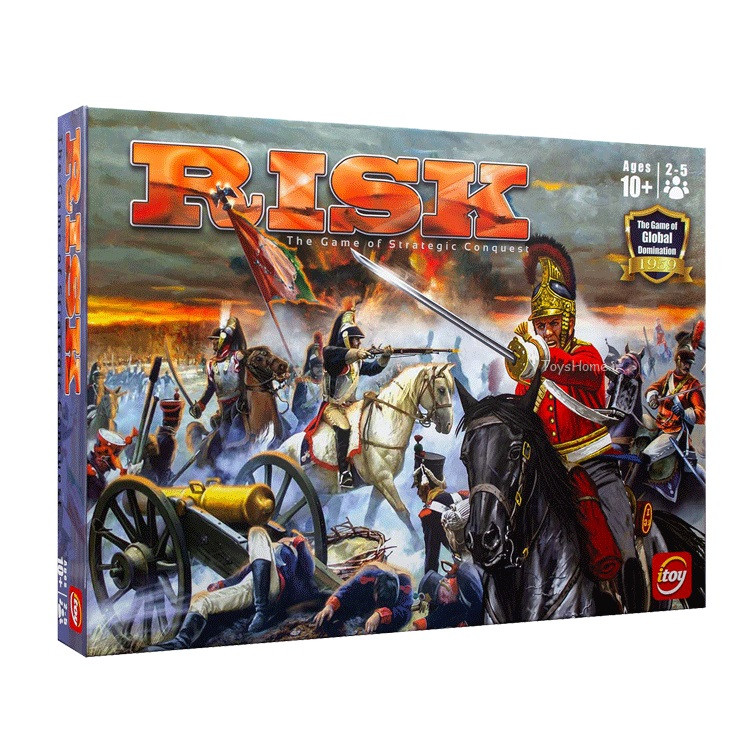 بازی فکری استراتژیک و نظامی Risk مدل تخته‌ای فتح 42 قلمرو جهان با 5 ارتش رنگی، 3 تاس حمله، 2 تاس دفاع، کارت‌های ماموریت و آتش‌بس، مناسب 2 تا 6 نفر بالای 10 سال با جعبه هاردباکس و دفترچه فارسی